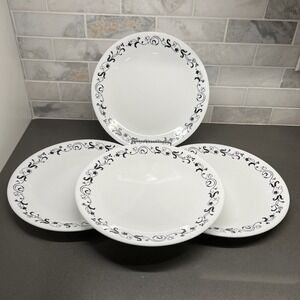 4 Corelle Garden Getaway Black Scroll 10 1/4" Dinner Plates Made in USA